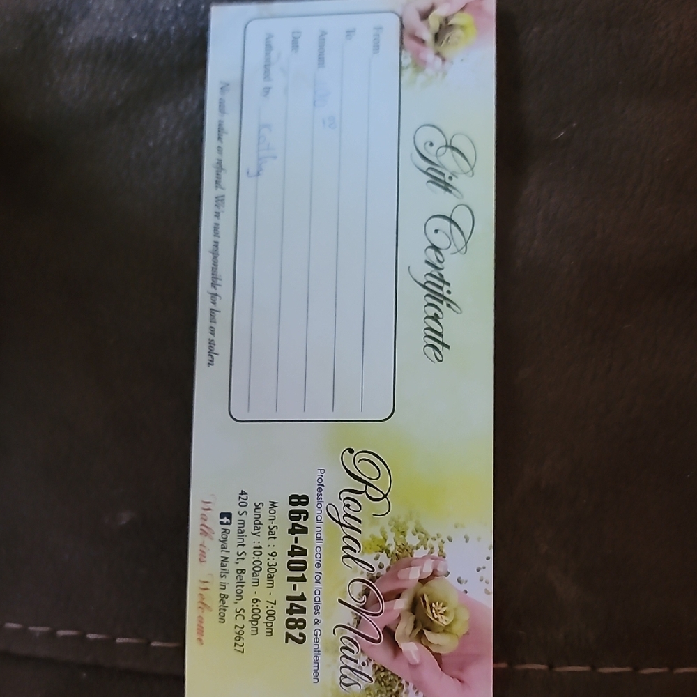 Nail Salon Gift Certificate $100 Value